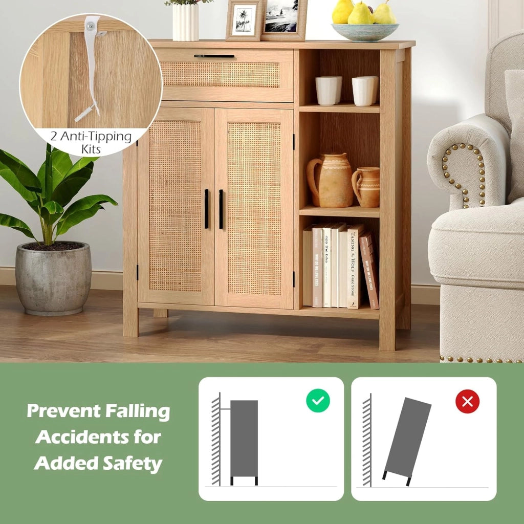 Credenza Cucina con 2 Ante in Rattan, Mobile Buffet con Cassetto, Scomparti Aperti, Mensola Regolabile, Mobile Cucina Dispensa in Legno, per Soggiorno, Sala da Pranzo, 75x30x80cm, Naturale