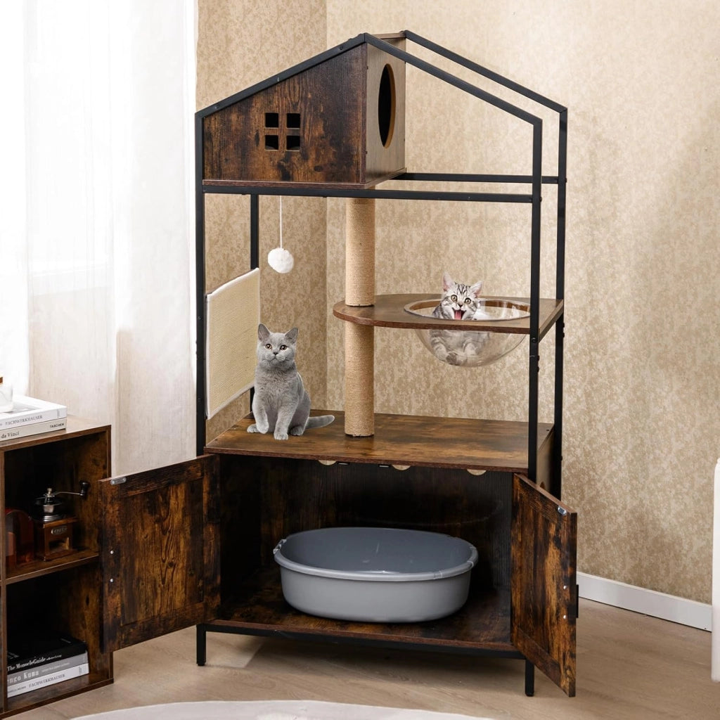 Tiragraffi per Gatti Alto 80 x 48 x 150 cm, Mobile Lettiera per Gatti in Legno e Metallo con Capsula Spaziale e Graffiatoio, Albero per Gatti Multiuso con Palo in Juta per Soggiorno