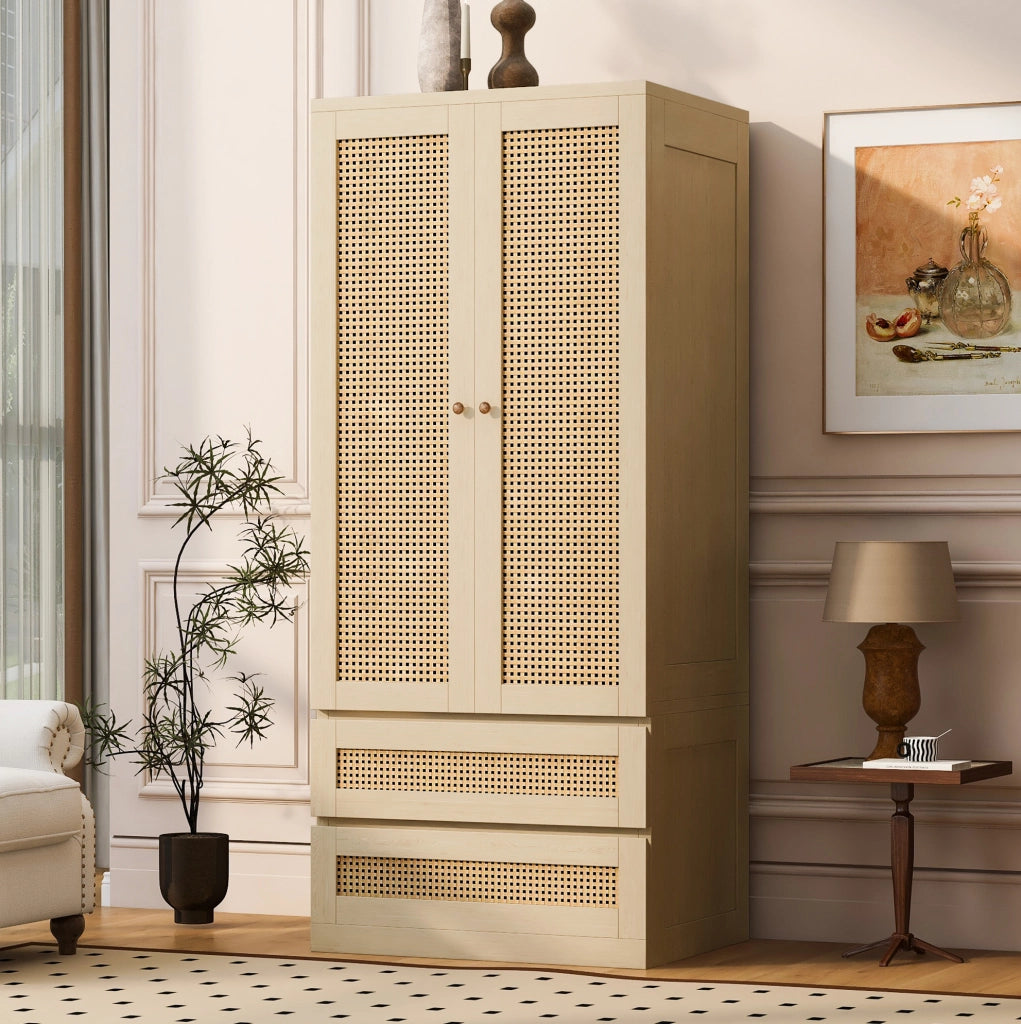 Armadio guardaroba a 2 ante effetto rattan con 2 cassetti