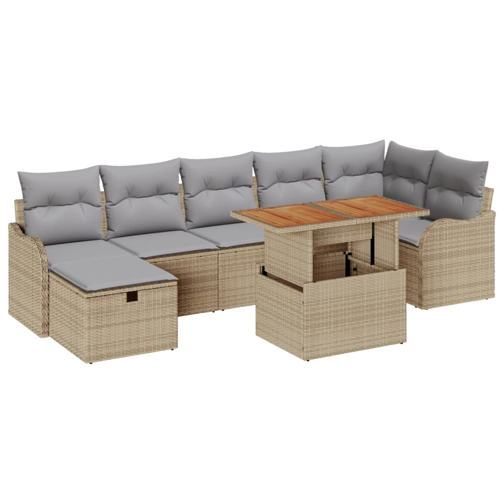 Set da Giardino  8 Pezzi con Cuscini Beige Rattan Poliestere