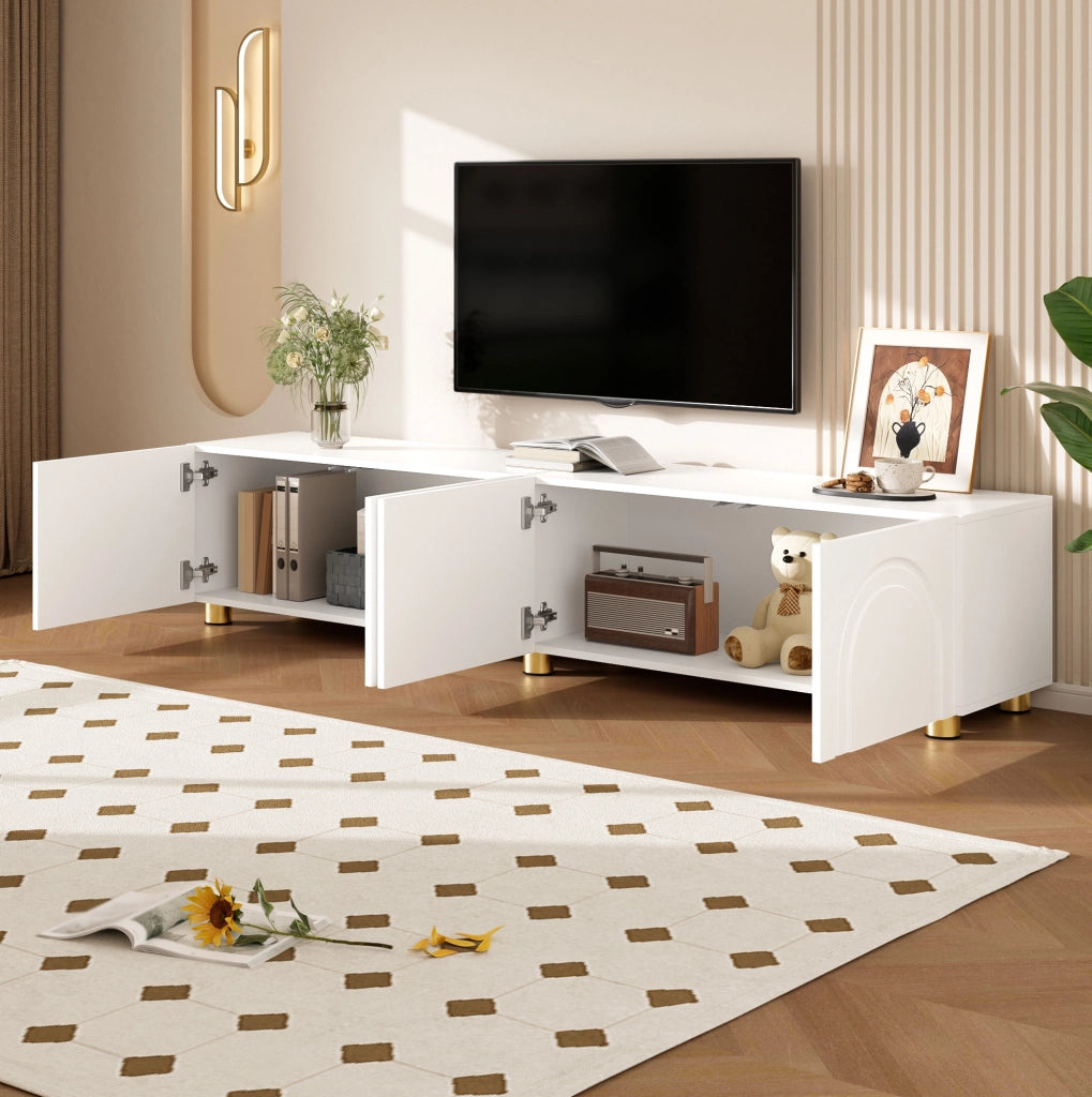 Mobile TV 180x35x40 cm con 4 ante e rilievo ad arco; MDF e pannello truciolare bianco