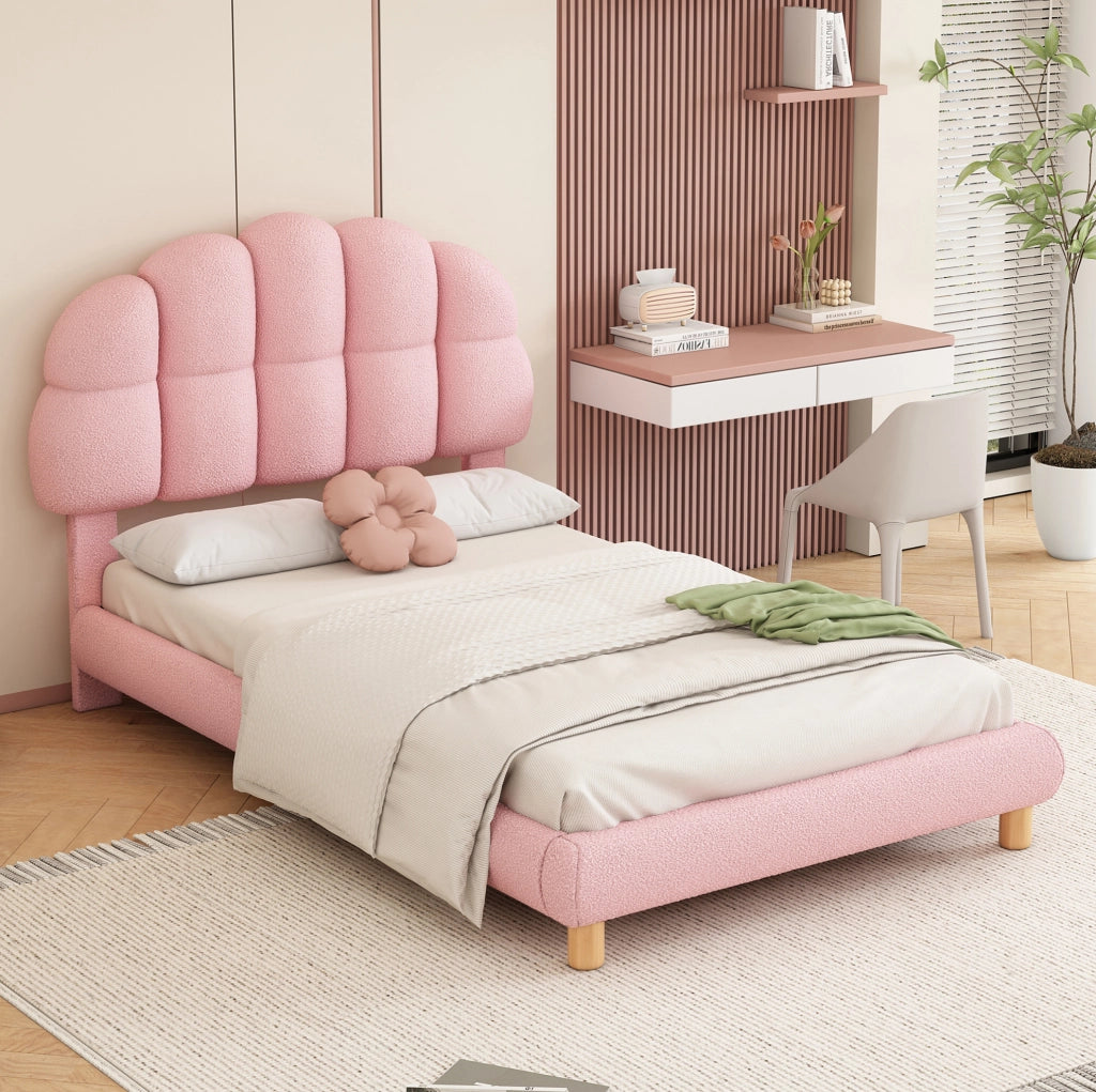 Letto singolo 90x200 cm con testiera regolabile; boucl茅; rosa