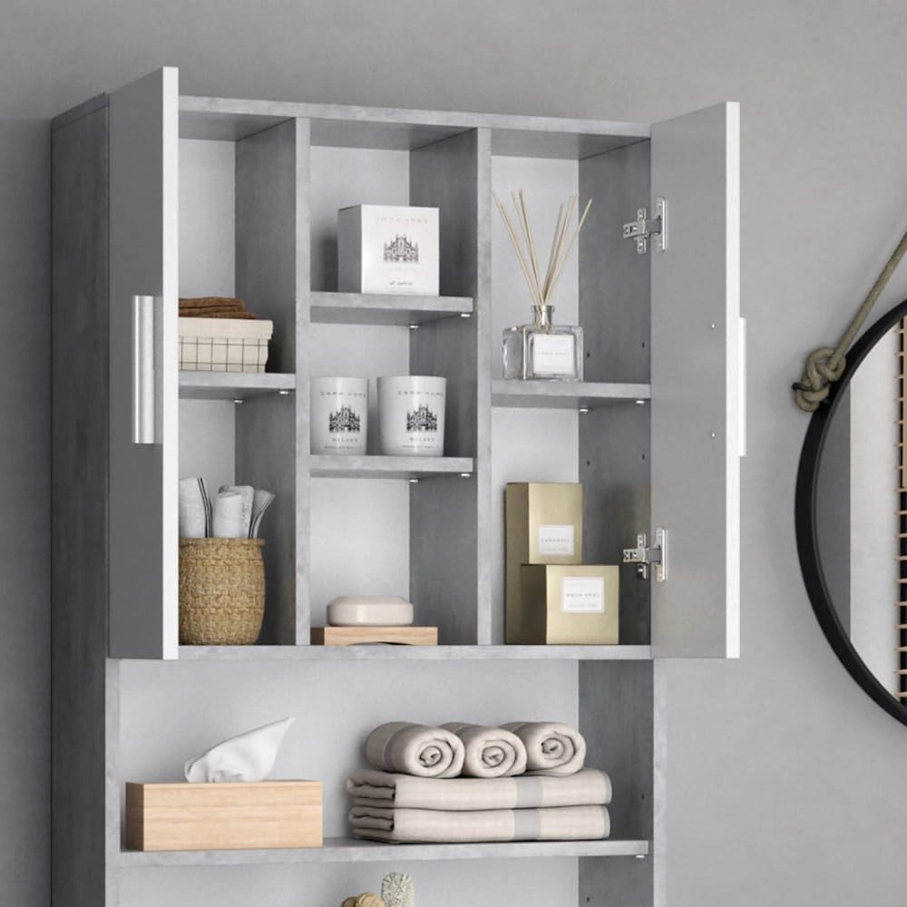 Mobile per lavatrice Luis, Calcestruzzo, 64 x 190 cm, per la conservazione di detersivi e accessori da bagno