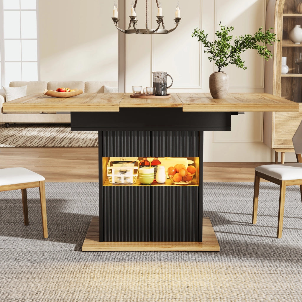 Tavolo da pranzo allungabile con vano contenitore chiuso; ripiano regolabile e illuminazione LED; per cucina e sala da pranzo; 110 × 80 × 76 cm