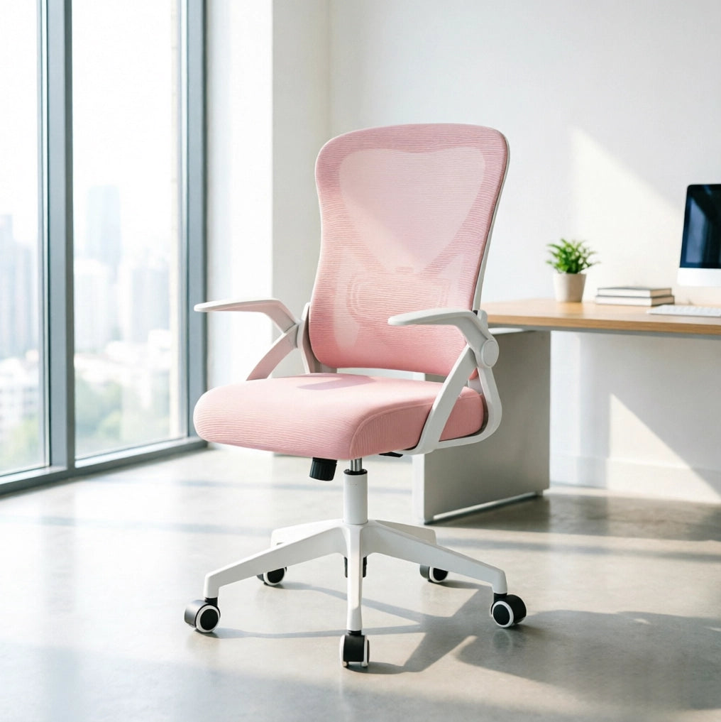 Sedia da ufficio ergonomica rosa girevole con braccioli pieghevoli