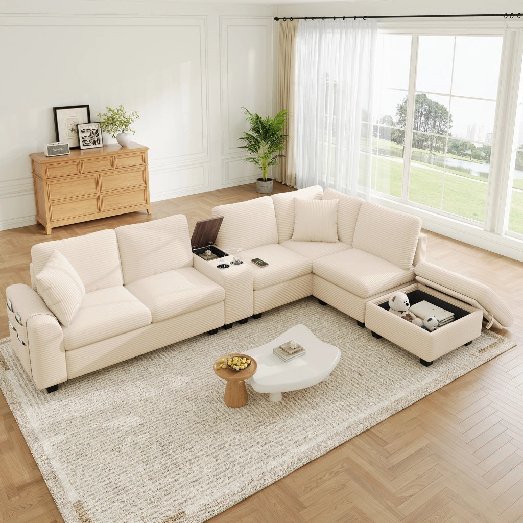 Divano angolare modulare 6 posti con pouf contenitore console mobile e porte usb type c in tessuto beige