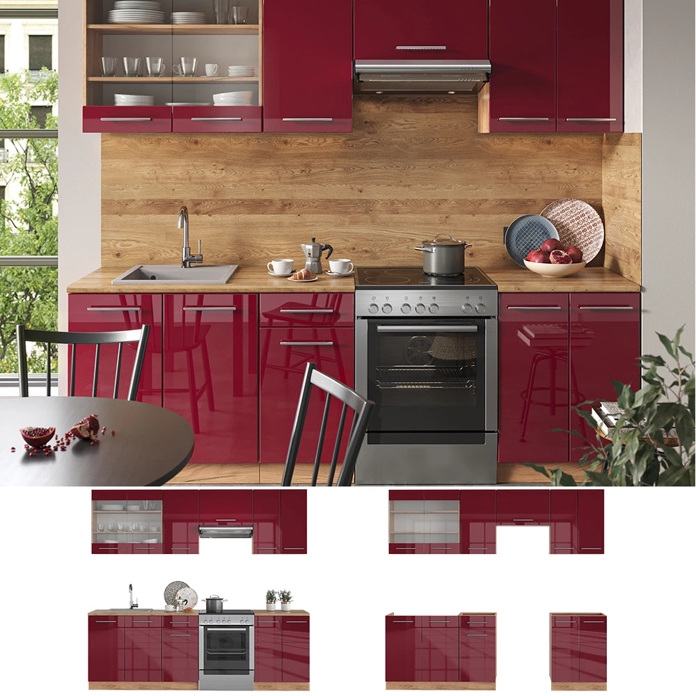 Cucina componibile Fame-Line Bordeaux lucido/Rovere dorato 240 cm, PL Marmo Vicco