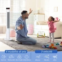 Ventilatore a Colonna con 3 Velocità e 4 Modalità, Timer di 12h, Pannello LED e Telecomando, Bianco