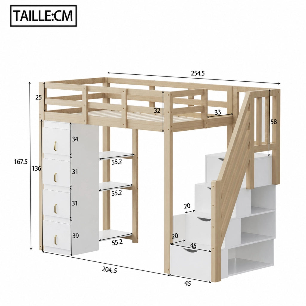 DESMIU Letto a soppalco 90 × 200 cm con 4 cassetti, scaffale a 3 livelli e senza materasso, in legno, naturale