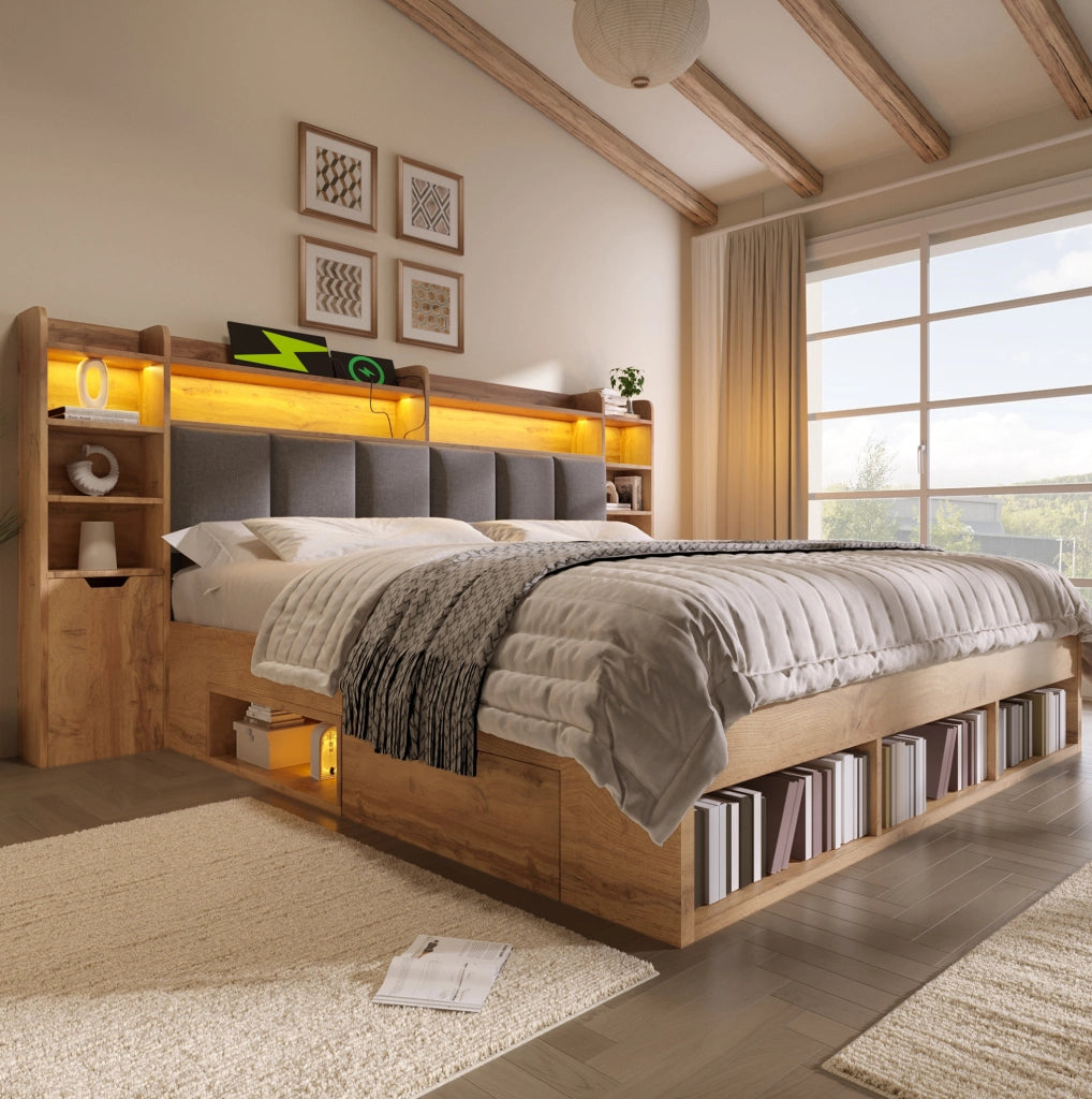 Letto matrimoniale 180x200 cm con LED; USB e USB-C; cassetti e comodini mobili; rovere