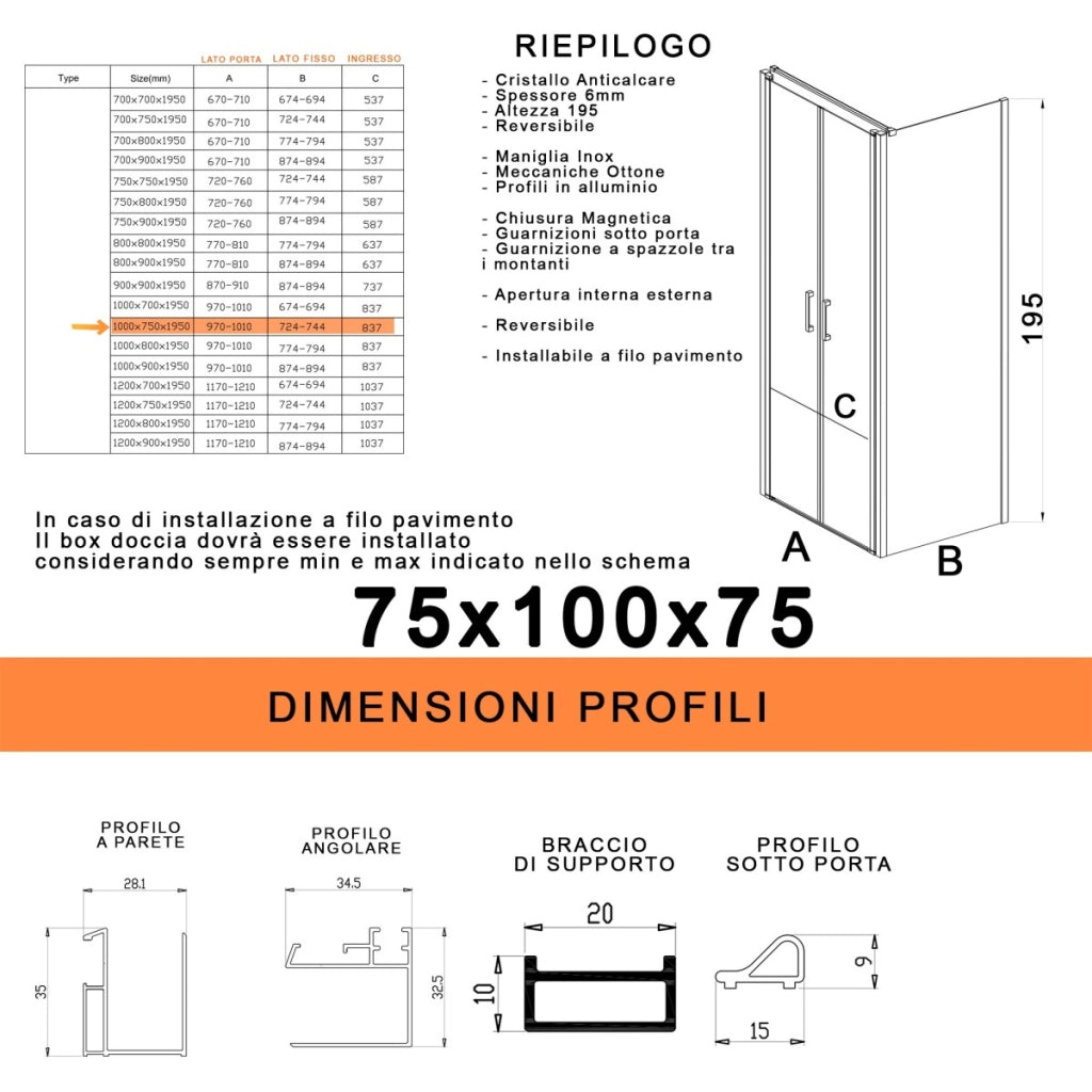 Box doccia saloon tre lati senza profili trasparente 6mm h195 dobla, misura 75x100x75