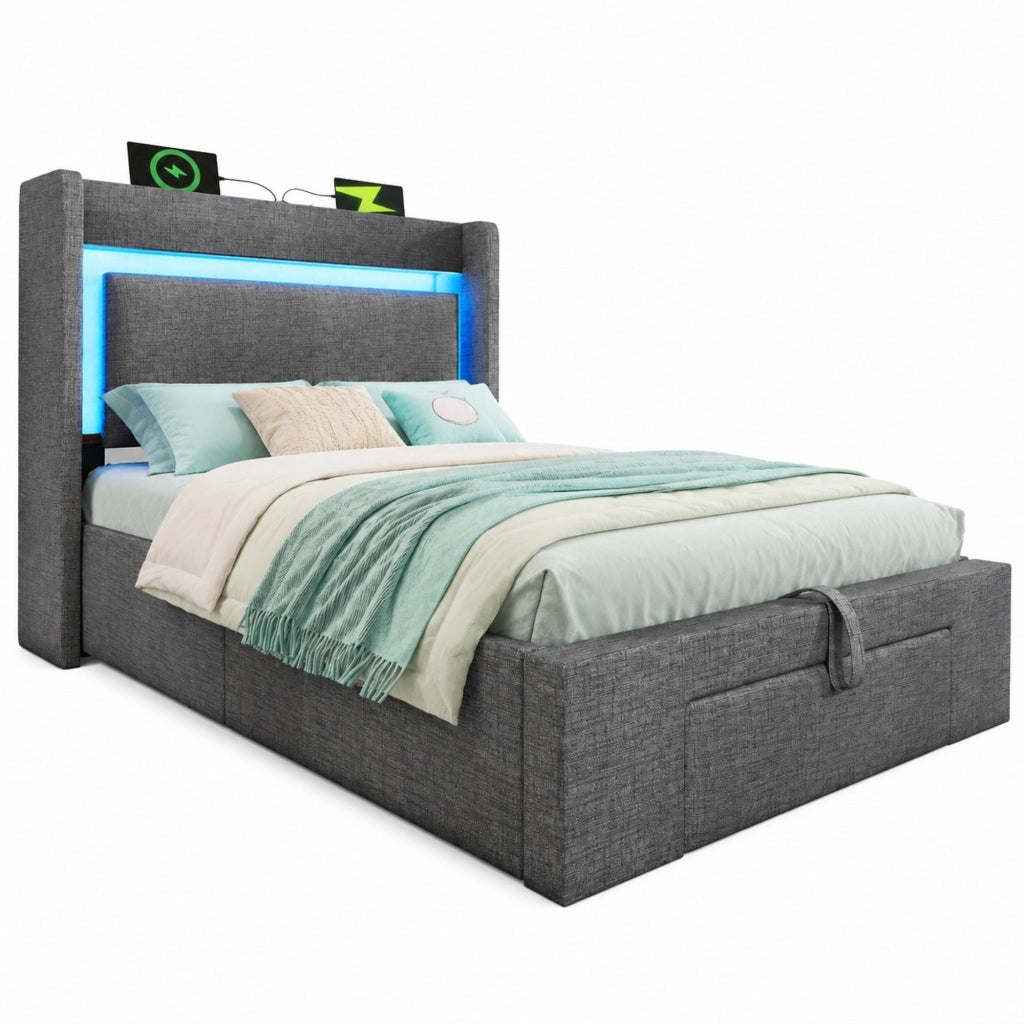 Letto imbottito 90x200 cm con contenitore idraulico; LED; USB e USB-C; grigio in lino