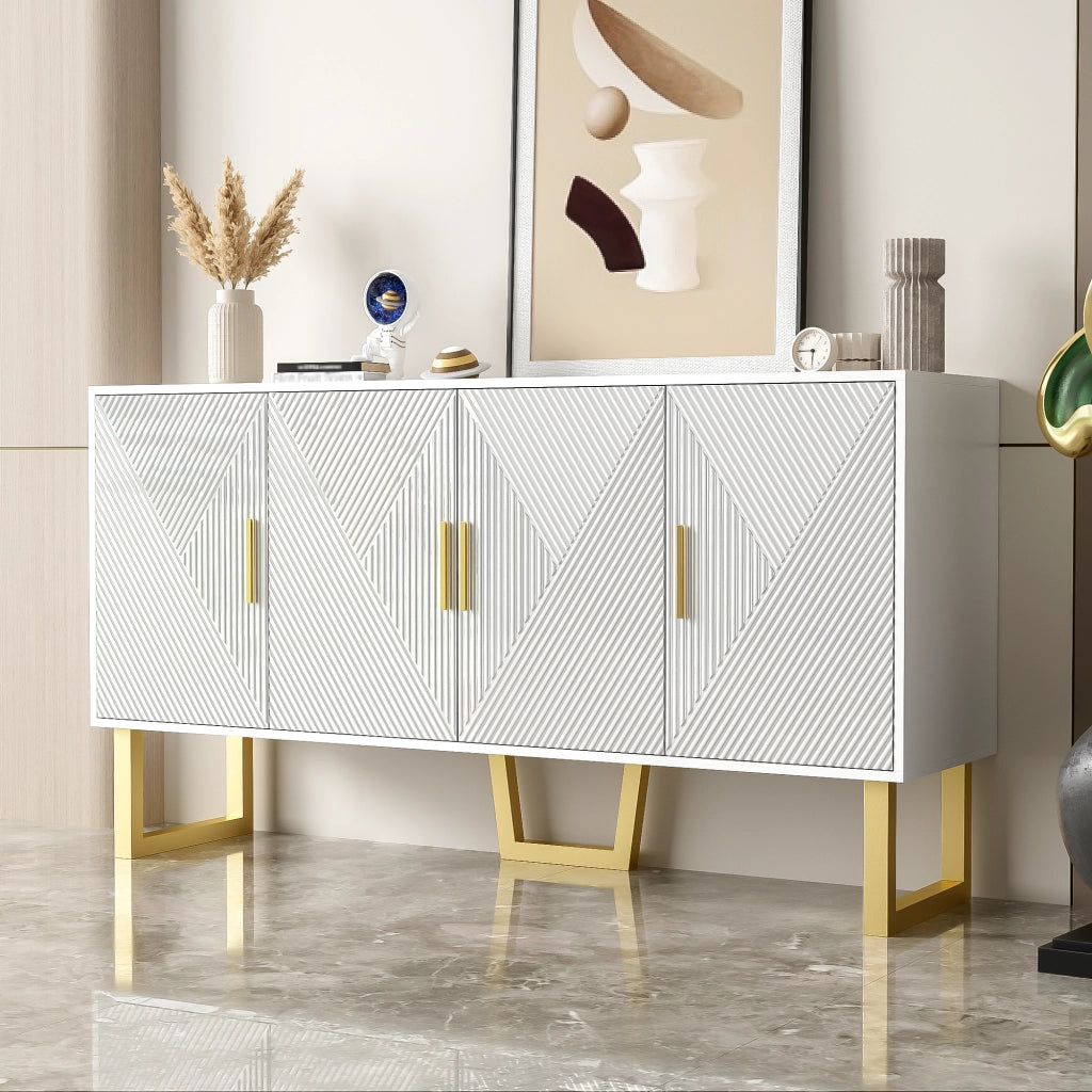 Credenza con 4 Ante e Ripiani Regolabili; Frontali Strutturati Lucidi; Stile Moderno; in MDF; Bianco; 150??40??82 cm