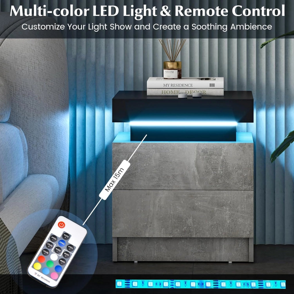 Comodino a LED, Comodino in Finto Marmo con 2 Cassetti, Illuminazione a LED a 20 Colori, Telecomando, Tavolino per Soggiorno, Camera da Letto, 45 x 35 x 52 cm