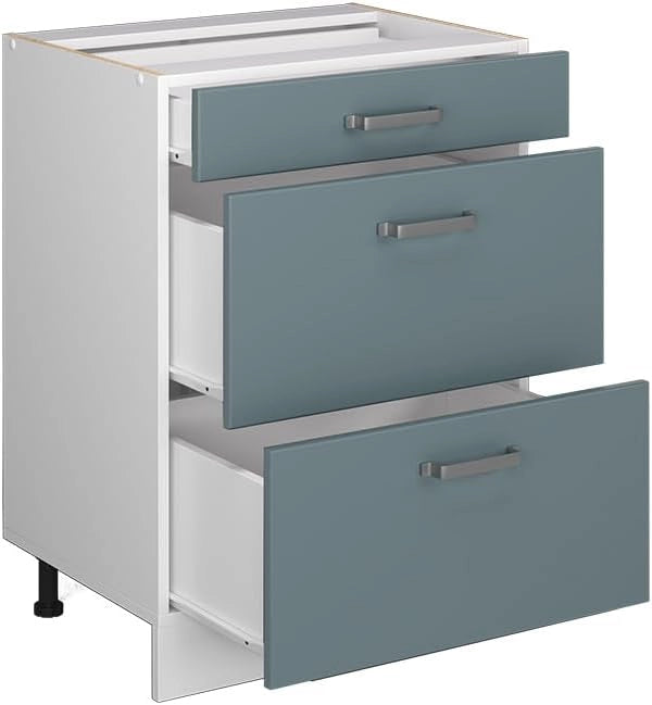Mobiletto base per cucina R-Line, Grigio-blu, 60 cm con cassetti, senza piano di lavoro, per la libera combinazione all'interno di sistemi cucina modulari
