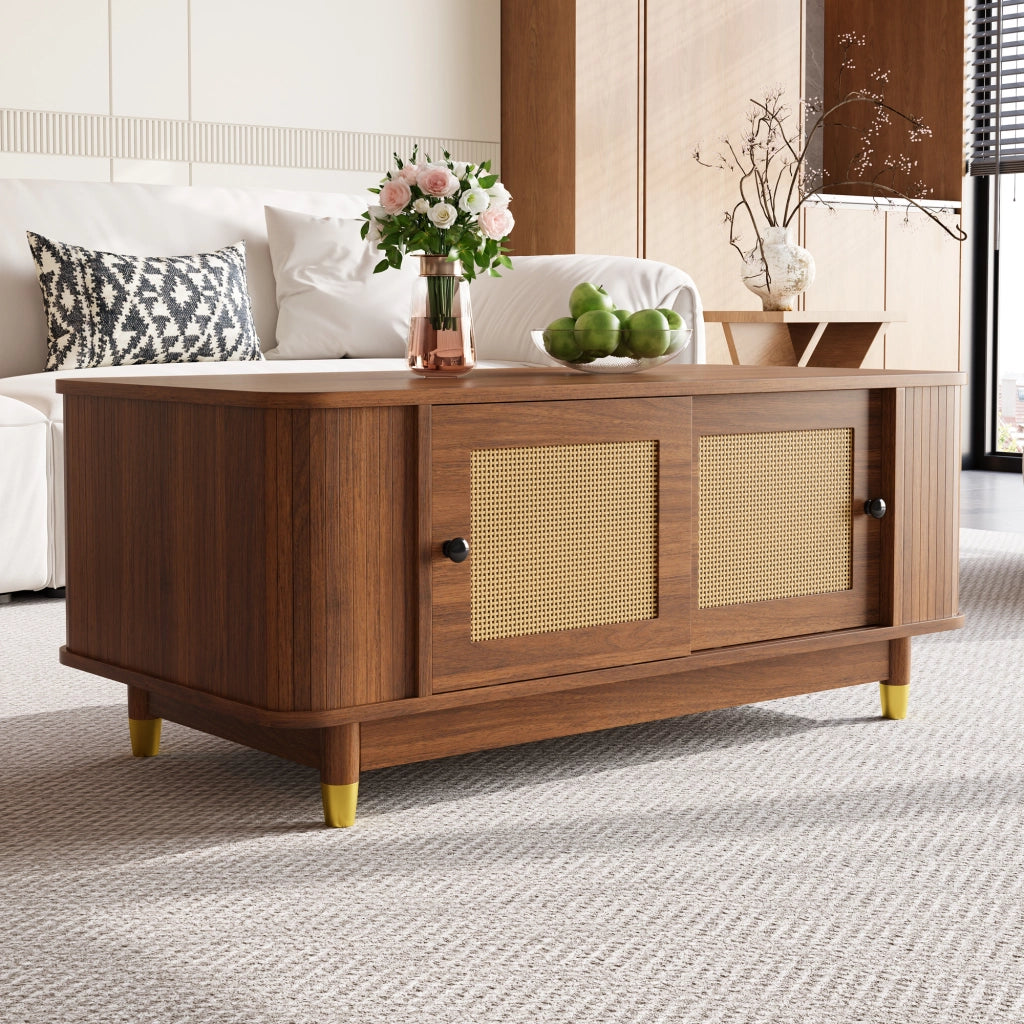 Tavolino basso con 2 ante scorrevoli in rattan, vani interni e angoli arrotondati, noce, 100 × 50 × 42 cm