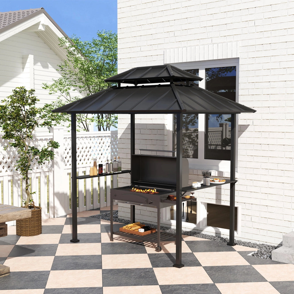 Gazebo Barbecue con Doppio Tetto Rigido 2 Ripiani e Gancio ¨C Zephmum ¨C 244x184x258cm Nero