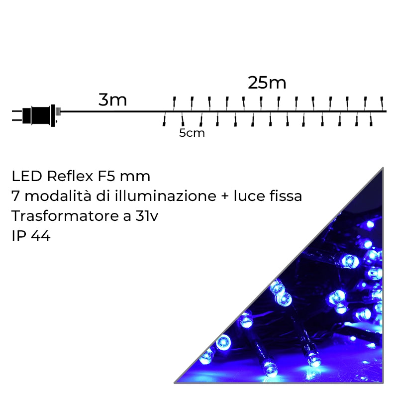 CATENA LUMINOSA 500 LED BLU 25mt CON 8 GIOCHI DI LUCE CAVO VERDE 31V IP44 - DECORAZIONE INTERNA ED ESTERNA