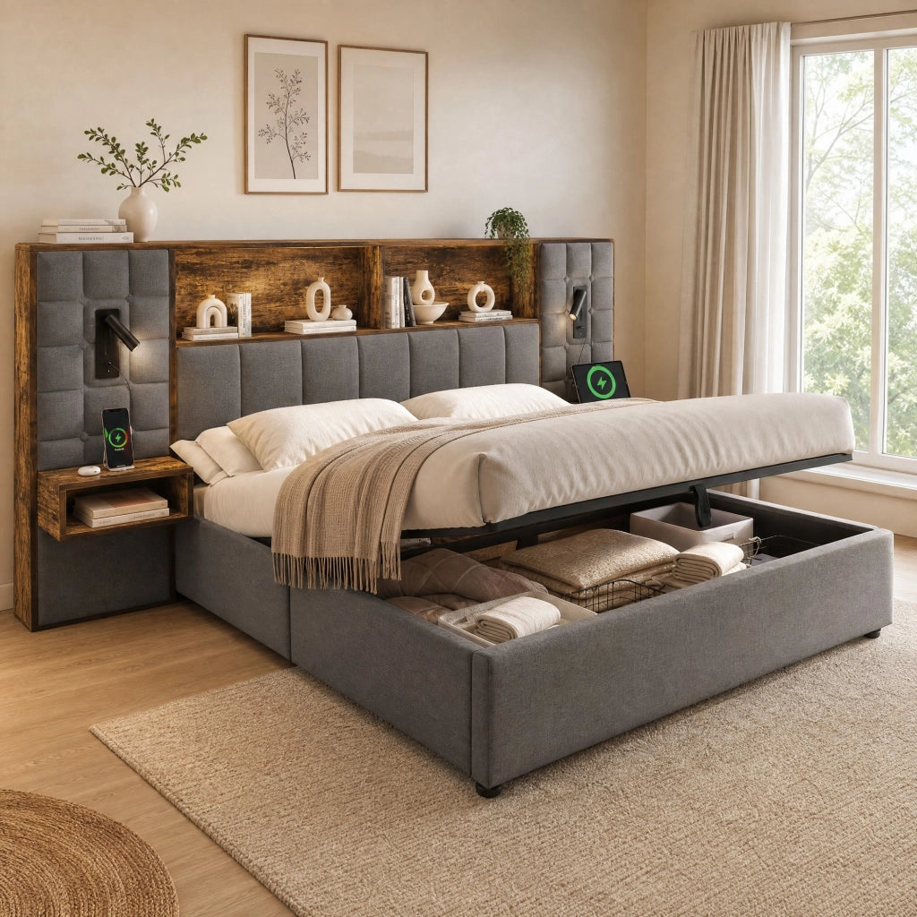 Letto Contenitore 180 x 200 cm; Letto Matrimoniale - USB; Type-C; 2 Lampade e 2 Comodini - Grigio