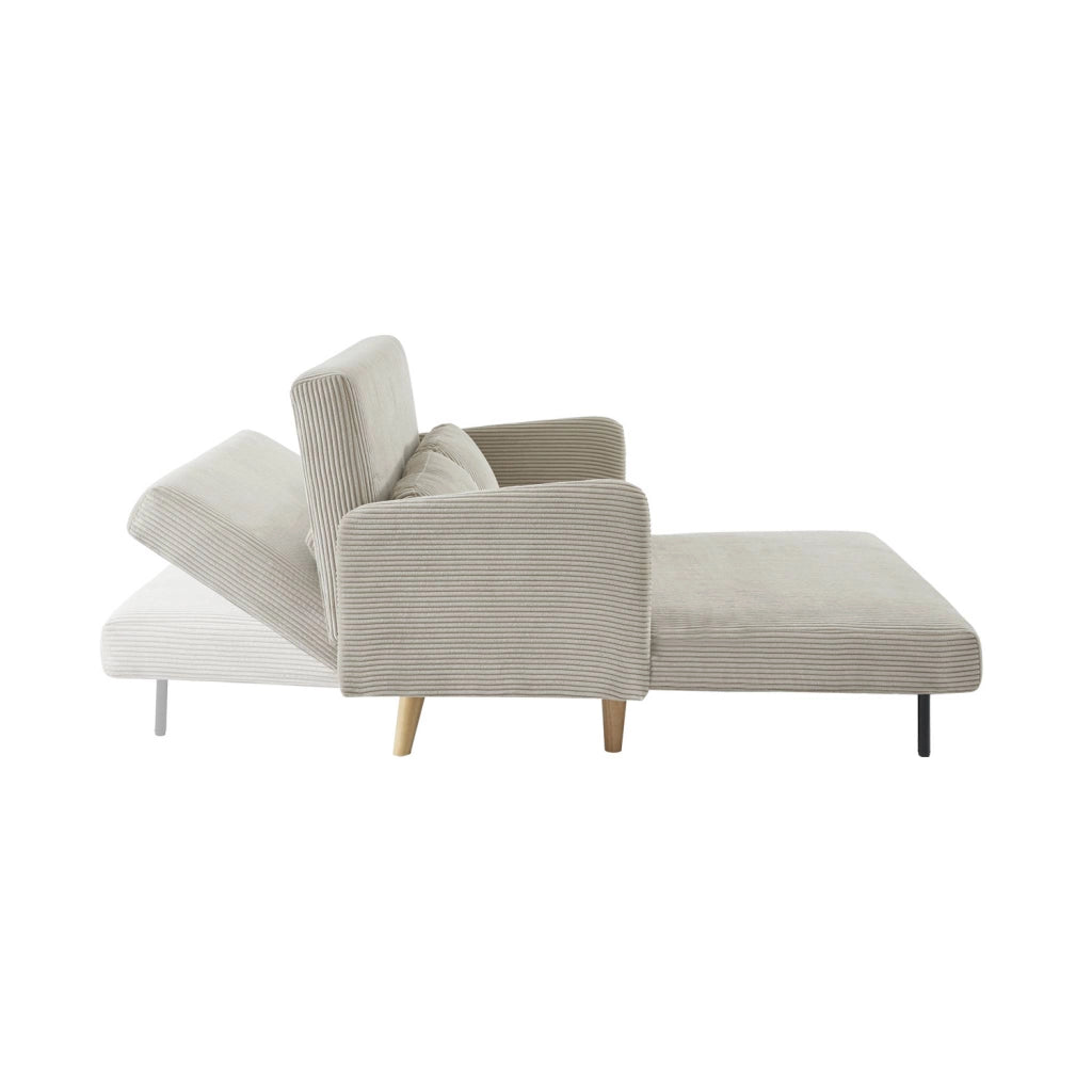 Divano letto in velluto a coste con gambe in legno, 2 posti, beige
