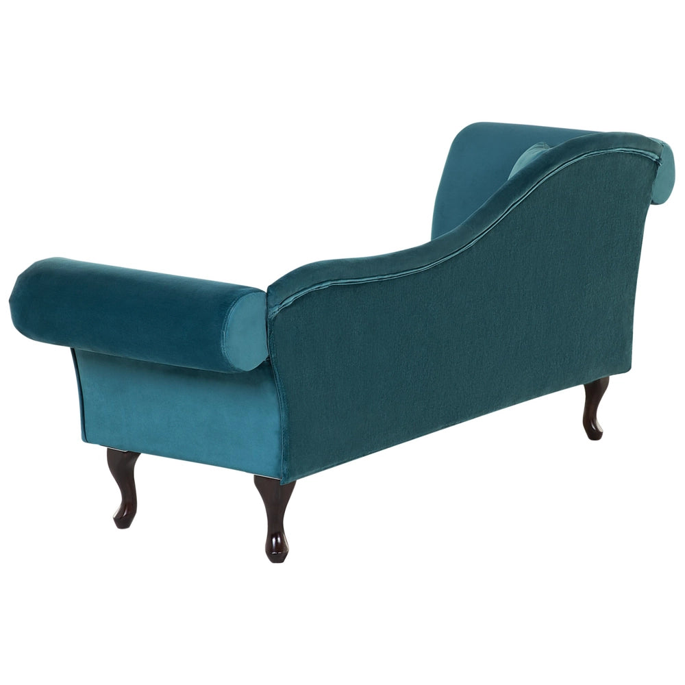 Chaise longue velluto verde acqua bottone trapuntato tappezzeria braccio arrotolato versione sinistra con cuscino