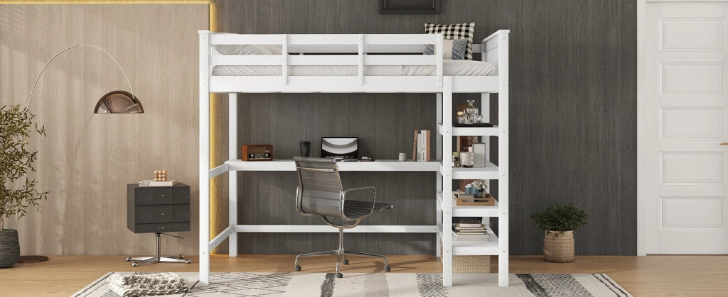 Letto a soppalco per bambini 140x200 cm con scrivania e scaffali, senza materasso, bianco