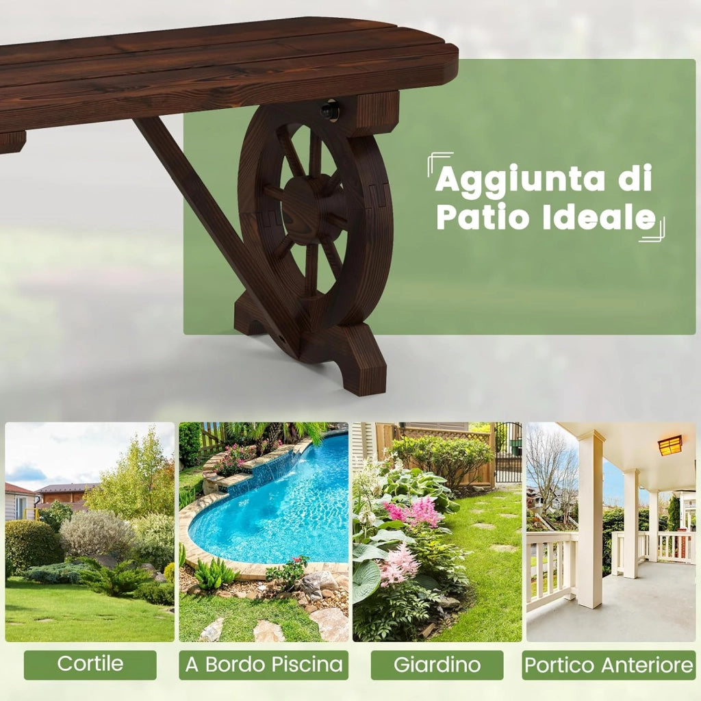 Panchina in Legno Rustico, Panchina da Esterno con Base a Ruota di Carro, Design Sedile a Doghe, Panchina a 2 Posti per Giardino, Balcone e Cortile, Portata 325 kg