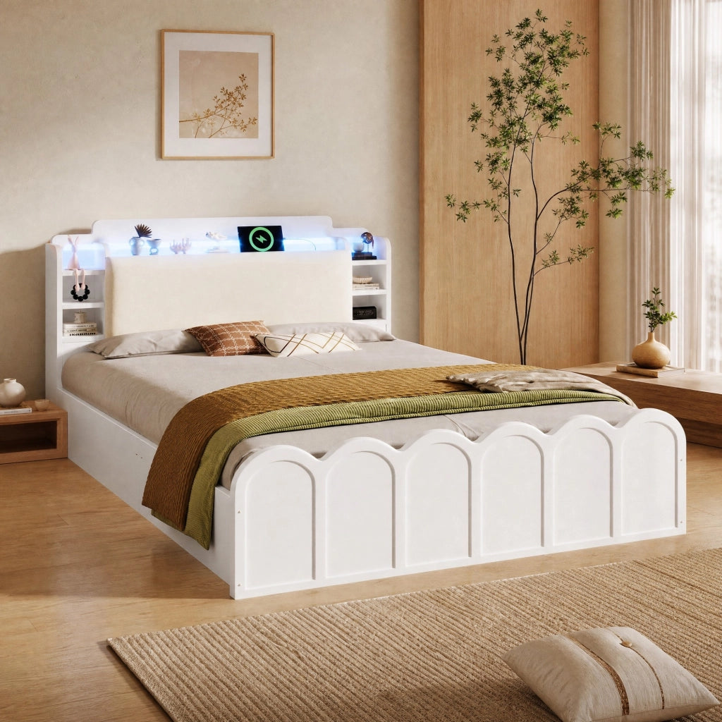 DESMIU Letto contenitore 140 × 200 cm 2 posti con USB Type-C, LED e vano idraulico, senza materasso, bianco