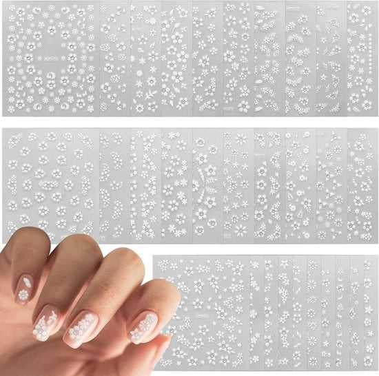 Decorazioni per unghie autoadesive fiori - Decorazione per unghie per donne e ragazze - Progetto unghie DIY - 30 fogli (Bianco)