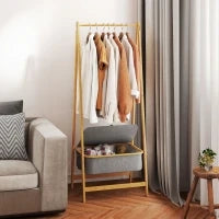 Stender per Abiti Pieghevole in Bambù con Cesto di Stoffa con Coperchio per Ingresso Camera da Letto 60x44,5x157,5 cm Grigio