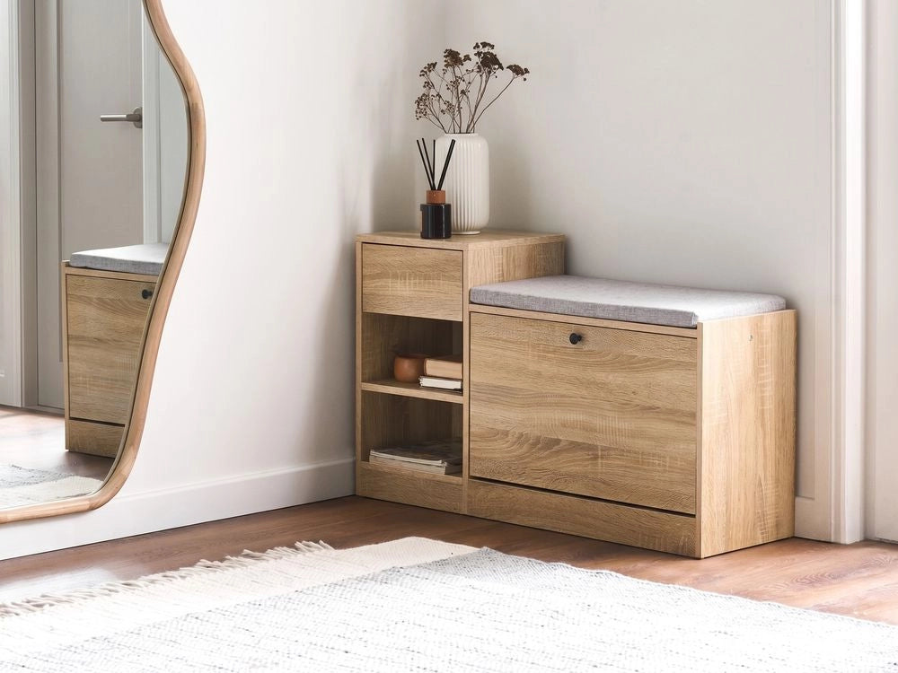 Mobile porta scarpe in MDF marrone chiaro a 2 scomparti con seduta imbottita, design scandinavo, per ingresso