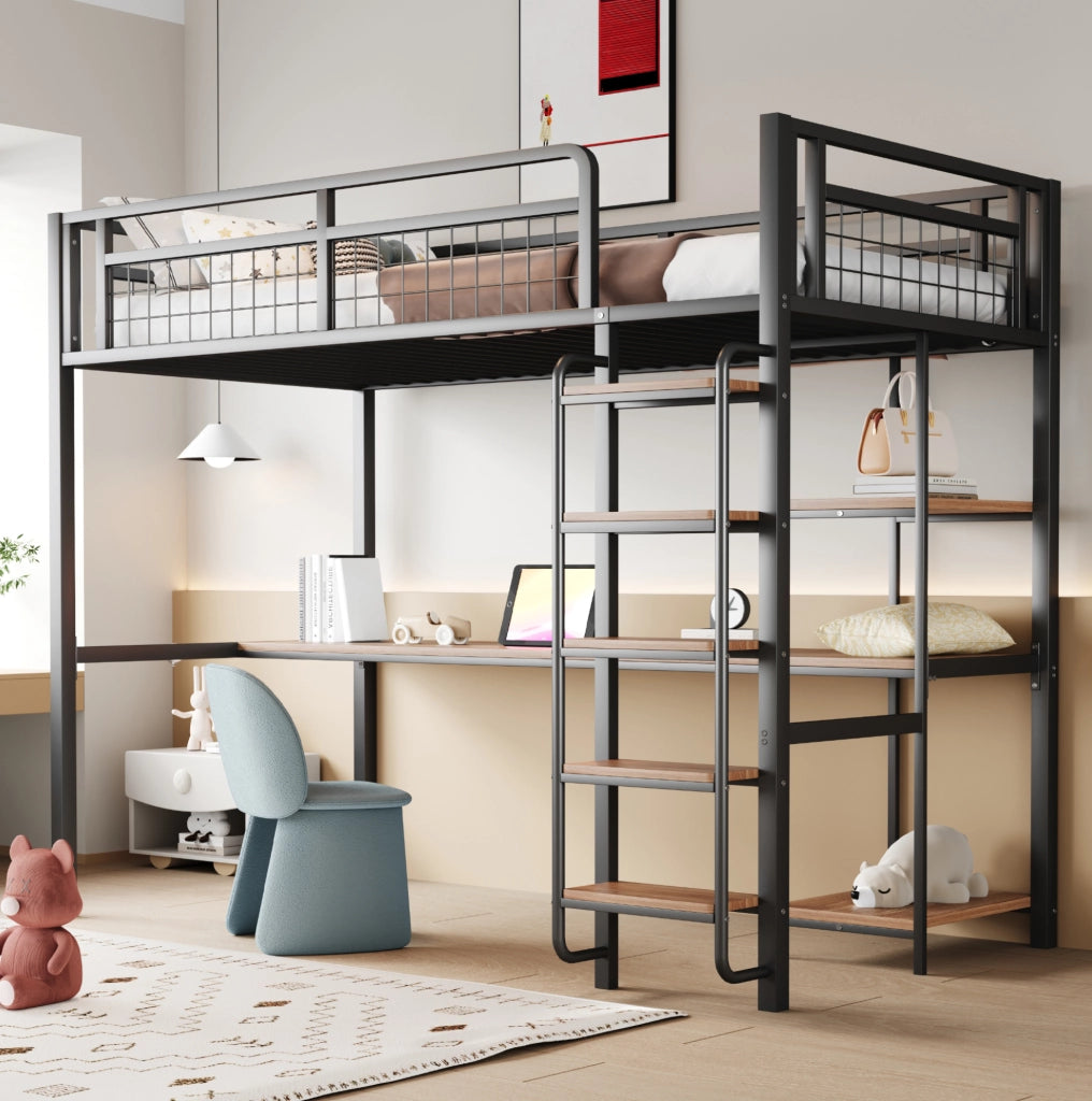 Letto a soppalco in metallo 90x200 cm nero con scrivania; ripiani e scala con gradini