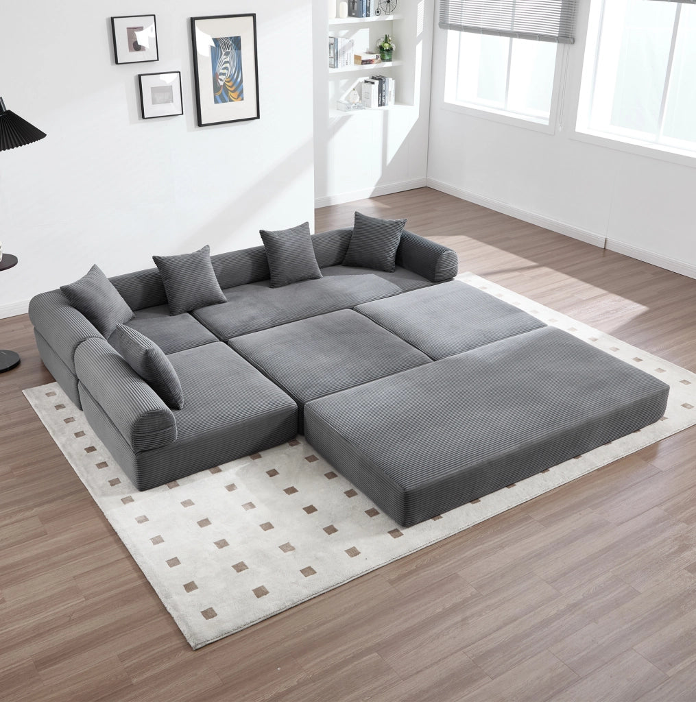 Divano modulare con tasca laterale e funzione letto 270x180x64 cm; in velluto corduroy grigio scuro