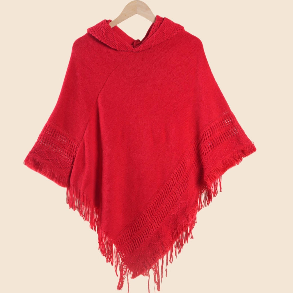 Mantella/scialle da donna con cappuccio in maglia, maglione a maglia larga, tinta unita, con nappe, mantella calda e versatile.
