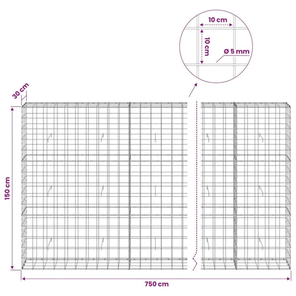 Gabione con filo da 5 mm e rete 10x10 cm 750x30x150 cm 3465153