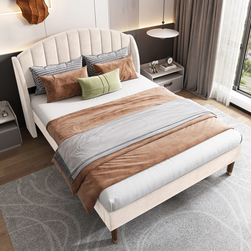 Letto Imbottito; Letto Matrimoniale con Testiera Imbottita; 140 x 190 cm; senza Materasso; Velluto Beige
