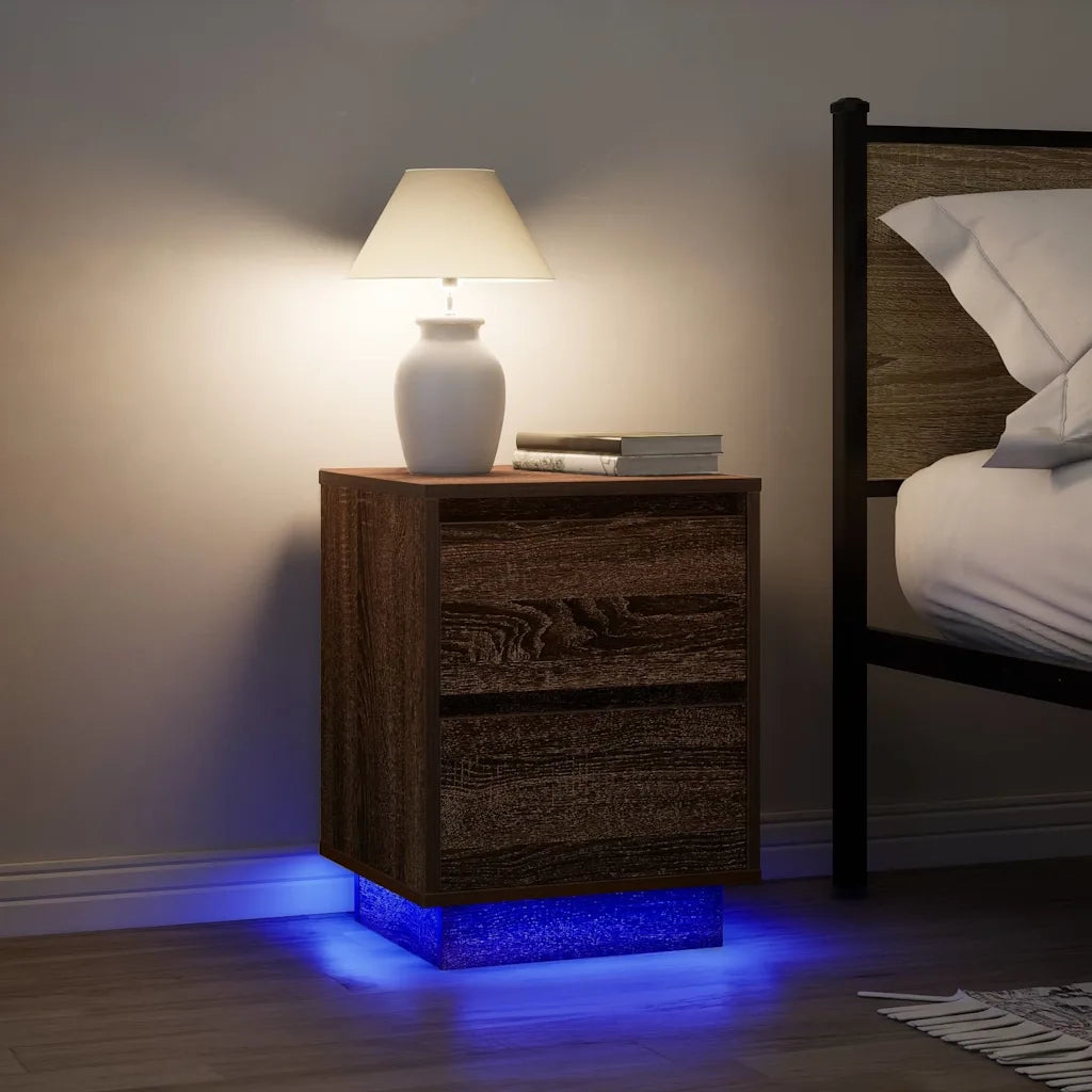 Comodino con Luci LED Rovere Marrone 38x34x50 cm