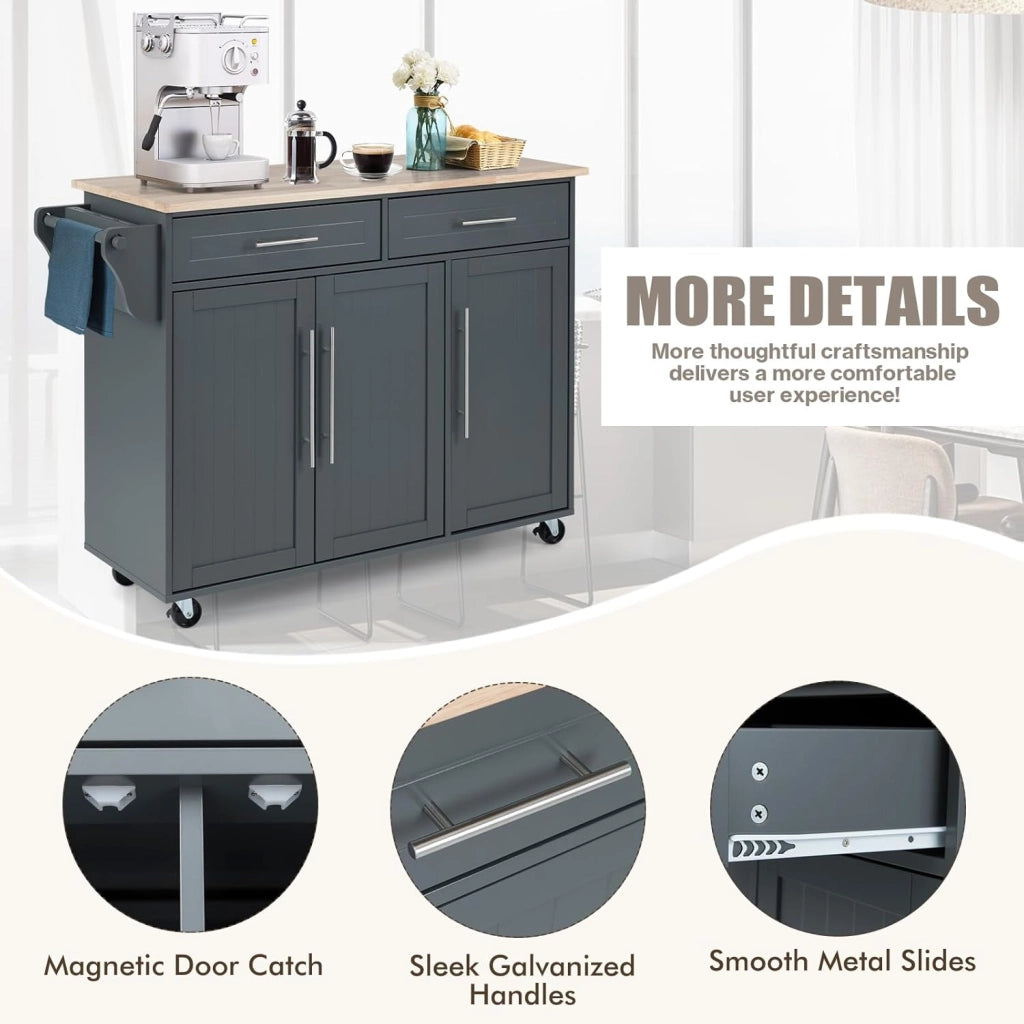Carrello Portaoggetti con Ruote con 2 Freni, Isola Cucina in Rovere Massiccio, Mobiletto da Pranzo con Portaspezie e Portasciugamani, per Soggiorno, 111,5 x 46 x 93 cm, In 2 Pacchi (Grigio)