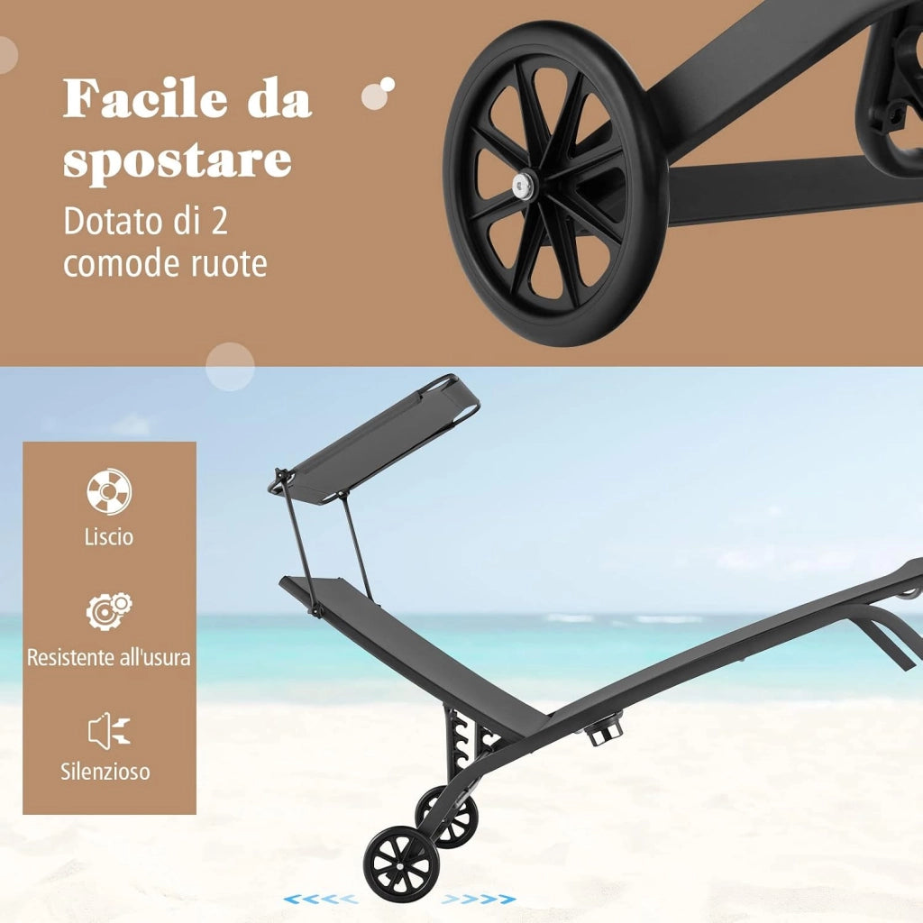 Lettino Prendisole da Giardino, Sdraio Reclinabile con Ruote Tettuccio, con Schienale Regolabile in 6 Livelli, Lettino da Giardino con Portabicchieri a Scomparsa, Portata 150 kg (Grigio)