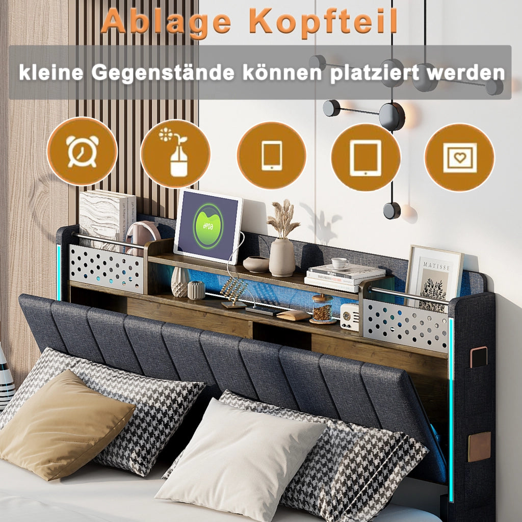 OKWISH Letto Matrimoniale 140×200 cm con USB, LED Regolabile e Contenitore, senza Materasso, in Tessuto Imbottito, Grigio