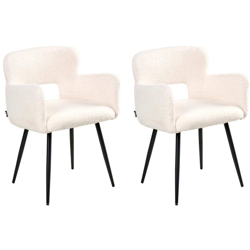 Set di 2 sedie da pranzo bouclè bianco braccioli schienale intagliato gambe in metallo moderna industriale