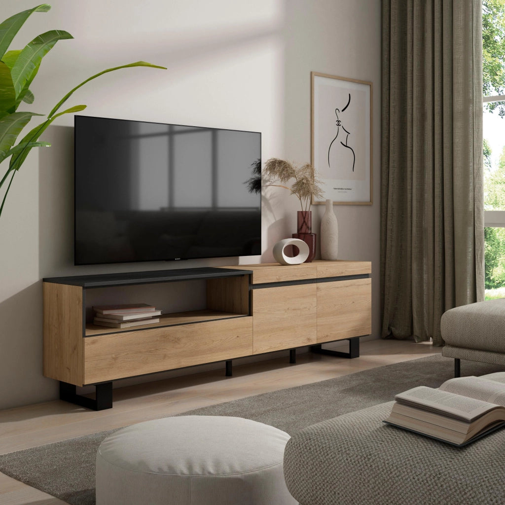Mobile TV, 200x35x57cm, soggiorno, Per TV fino a 80", Design industriale, colore Rovere e nero RF2143