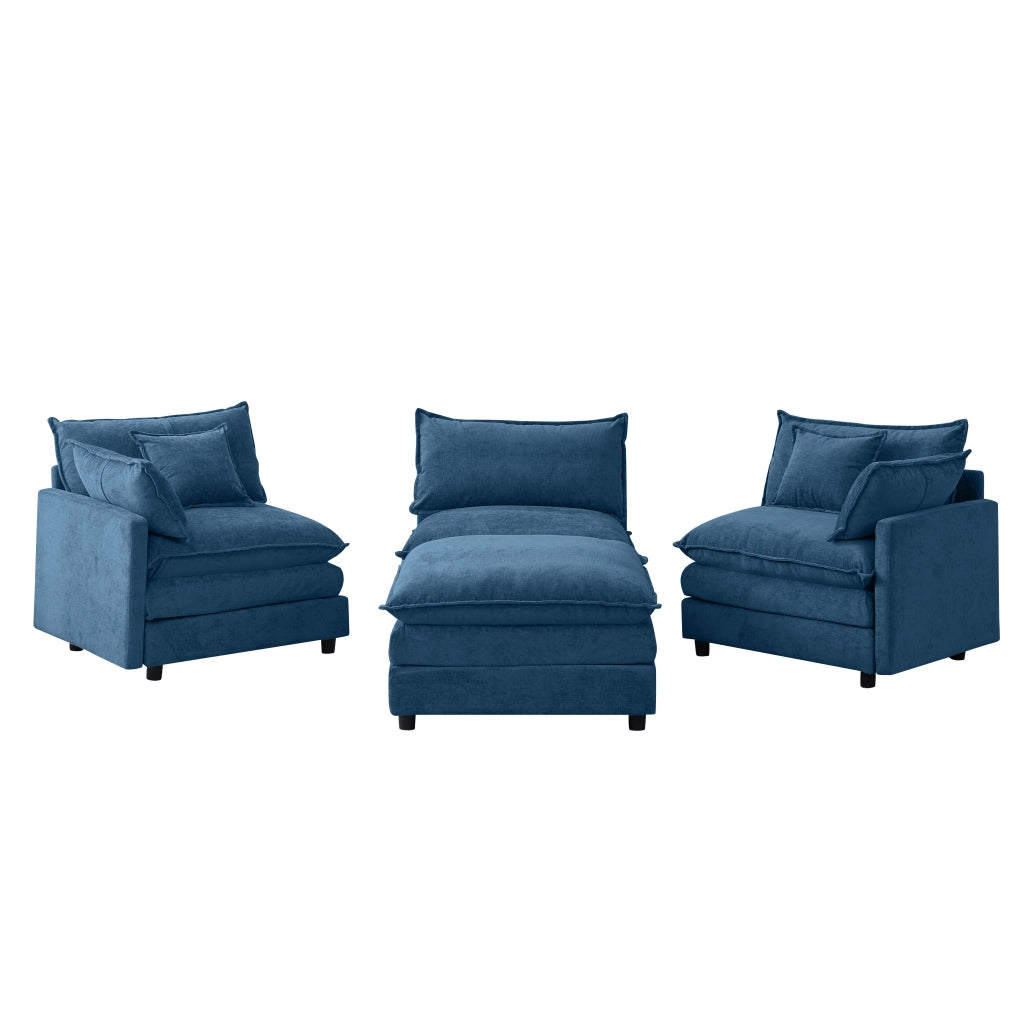 Divano angolare modulare 3 posti con pouf, Chenille Blu