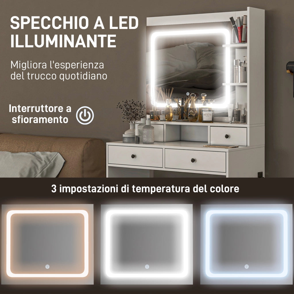 Toeletta Trucco con Luci LED, Specchio, USB, Cassetti e Mensole ¨C zephmum ¨C Bianco, 90x45x160cm