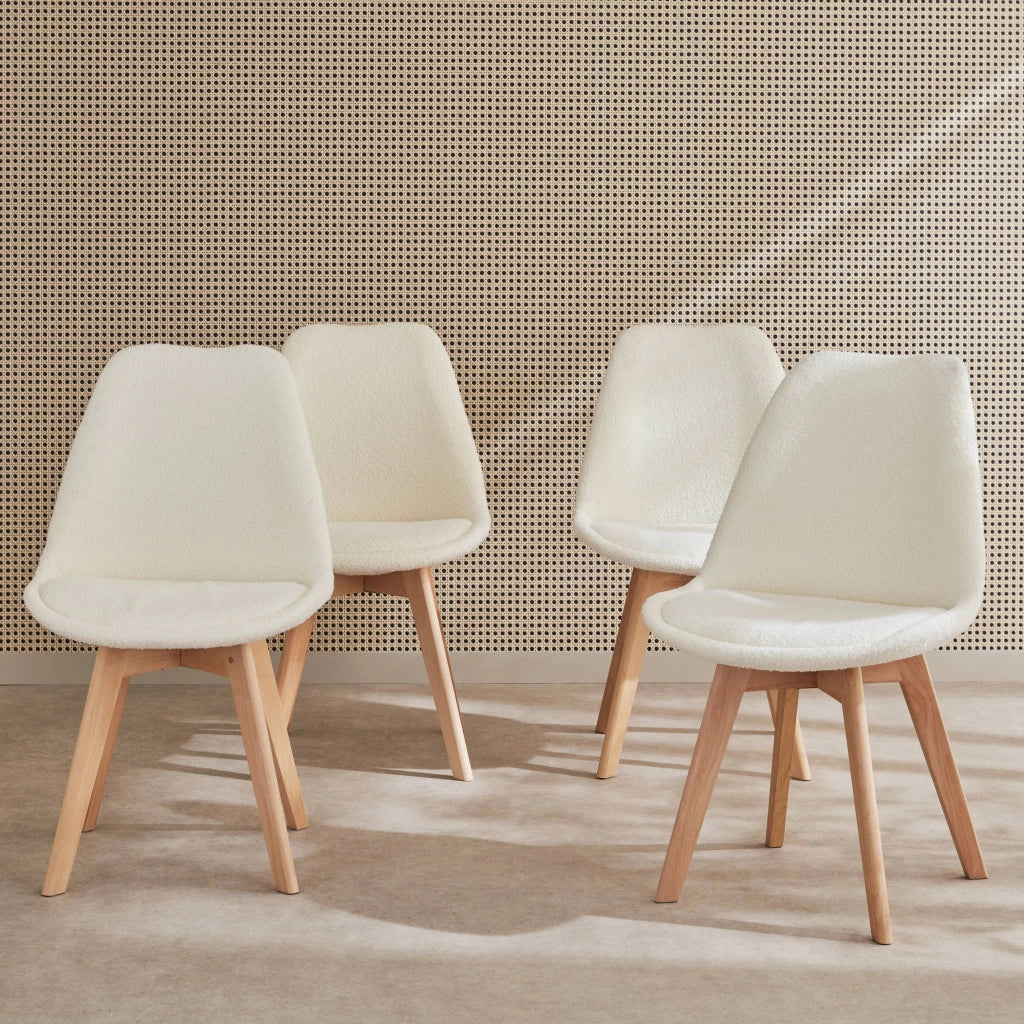 Set 4 sedie scandinave bouclé e gambe in legno, bianco