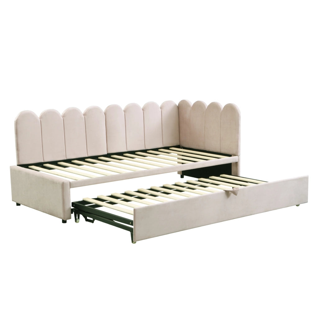 Divano letto L-shaped 90x200 cm in velluto con letto estraibile; beige
