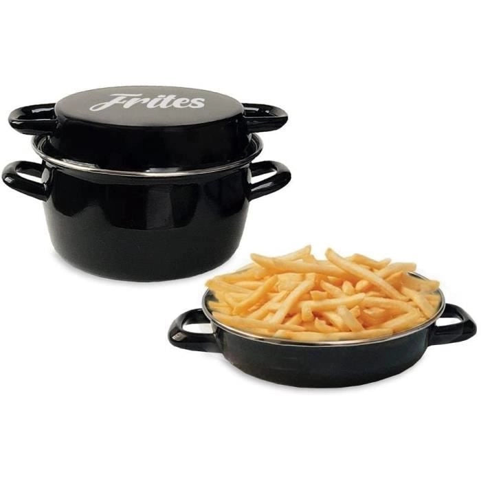 Friggitrice smaltata nera da 26 cm con cestello e coperchio in vetro