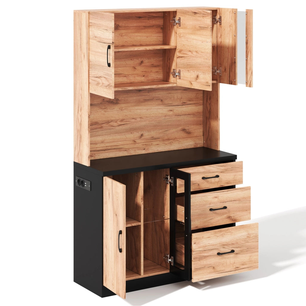 Pensile Alto da Cucina con LED e Ripiani ¨C MINIMAL ¨C Nero e Legno 105x40x180 cm
