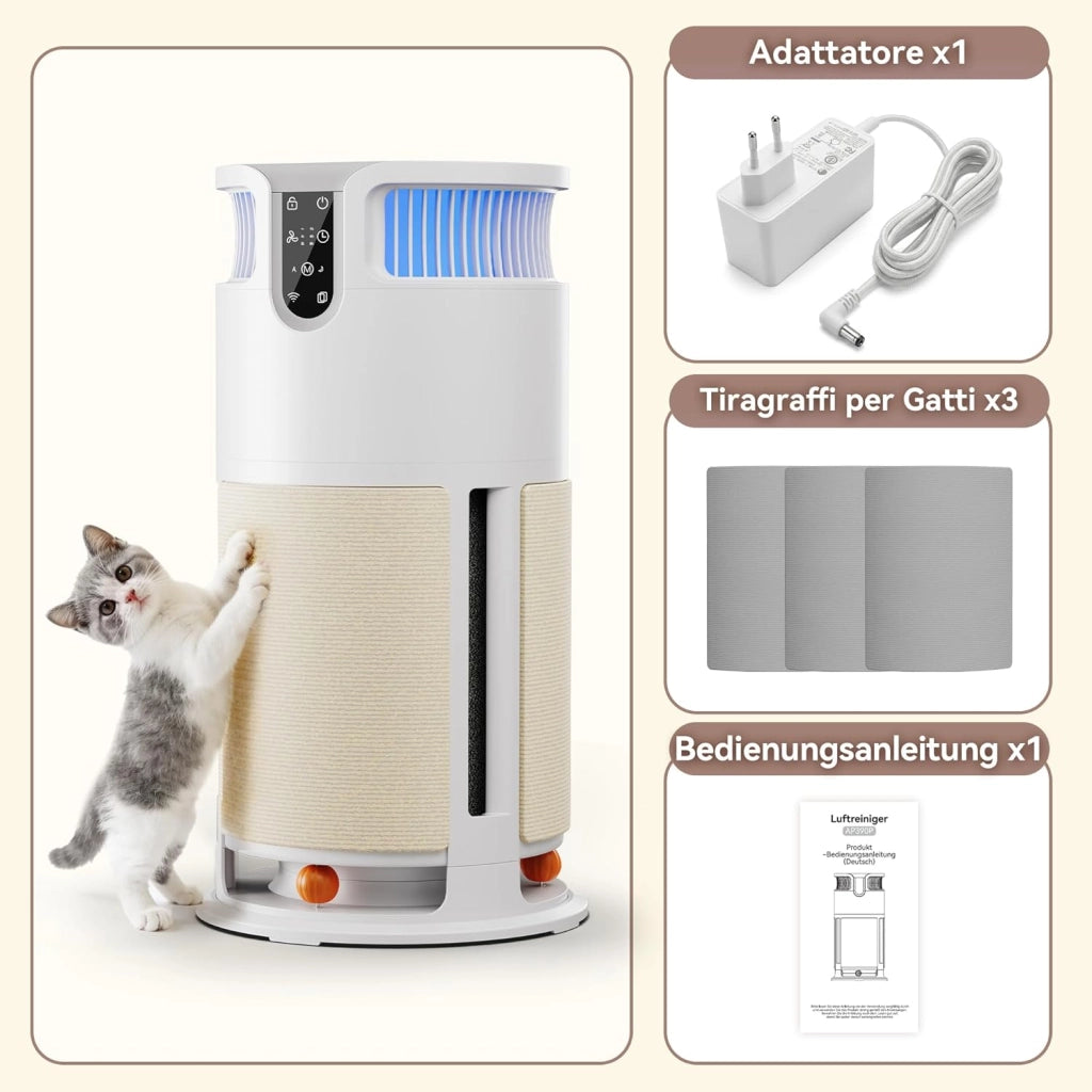 Purificatore d'Aria Intelligente per Pet, Depuratore Aria con Controllo APP Remoto, Trattiene il 99,98% di Muffe, Polvere, Polline e Peli. Completo di Tiragraffi e Giochi, Ideale per Chi Ha Animali