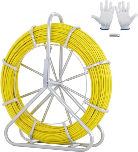 Cavo in fibra ottica Ø6.35mm x 129.5m con asta in fibra ottica inclusa, con nastro di avvolgimento in acciaio, guanti, maniglia di trazione, cavi di trazione metallici, fascia di avvolgimento, spirale di avvolgimento, temperatura di -40℃ a +80℃.